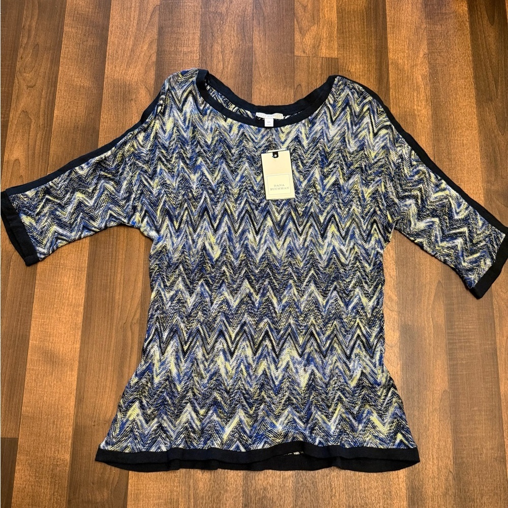 Dana Buchman Blue and Gray Graphic Fitted 3/4 Sleeve Blouse